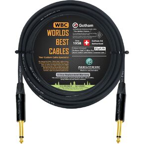 20 Foot - Gotham GAC-1 Ultra Pro - Premium Low-Cap (21 pf/F) Guitar Bass Instrument Cable – w/Neutrik Gold Straight to Straight ¼ inch (6.35mm) TS Connectors - Custom Made by WORLDS BEST CABLES