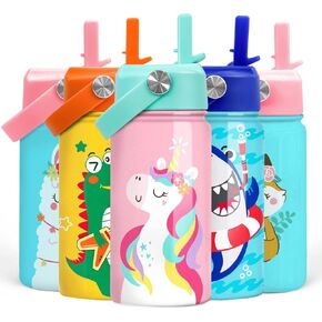 SANDJEST Unicorn Water Bottle - Kids Water Bottle with Straw Lid - 12 Oz Insulated Stainless Steel Water Bottles for Toddlers Kid Girls - Travel Cup for School Sports