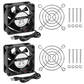 2Pcs 60mm 6025 Fan 60x60x25mm 5V Computer Cooler Fan 6cm Dual Ball Bearing USB Fan with Grills Metal Protective Net Cove for Computer 3D Printer Machine Equipment