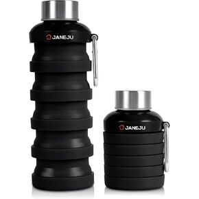 JaneJu Collapsible Water Bottle, 17oz BPA Free Silicone Reusable Portable Lightweight Foldable Water Bottles with Carabiner, Portable Leak Proof Sports Water Bottle (Black)