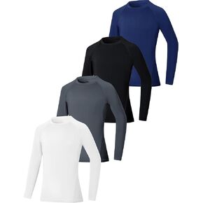 EXARUS 4 Pack Boys Compression Shirts Youth Long Sleeve Sports Base Layer Moisture Wicking Undershirts for Football 6-12Y