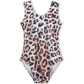 Domusgo Leotard for Girls Gymnastics Shiny Brown Cheetah Sleeveless Tank Dancewear
