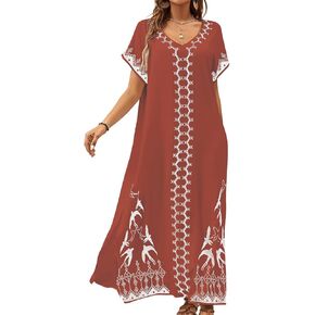 Bsubseach Kaftan Dresses for Women Swimsuit Coverup Beach Caftans Cover Ups for Swimwear Loungewear Bird Embroidery