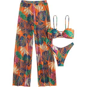 Milumia Women's 3 Piece Tropical Print Bikini Sets Twist Swimsuit with Cover Up Pants