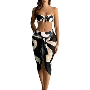 Floerns Women's Bathing Suit Bandeau High Waisted Bikini Set with Cover Up Skirt
