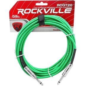 Rockville RCGT20G Instrument Cable, 20 Ft, Green, 1/4'' TS to 1/4'' TS, 100% Copper, Shielded, Perfect for Guitar, Live Performances, and Studio Use