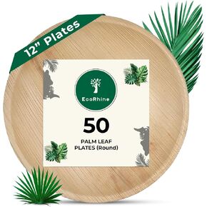Palm Leaf Disposable Plates - Bamboo Plates Disposable 12 Inch Round (50pc) - 100% Compostable & Biodegradable Plastic-Free Plates - Heavy-Duty, Party Dinnerware Set - Microwave & Oven Safe