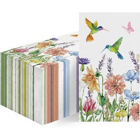 Horaldaily 100 Spring Summer Disposable Paper Decorative Guest Napkins, Hummingbird Butterfly Flowers Watercolor Hand Towel for Party Lunch Dinner Kitchen Bathroom