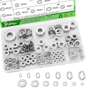 360 Pcs Flat Washer and Spring Lock Washers Assortment Kit,7 SAE Sizes Washers for Bolts（1/2, 3/8, 5/16, 1/4, 10#, 8#, 6#）,304 Stainless Steel Lock Washers & Flat Washers for Screws Bolts
