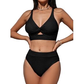 CUPSHE Women's Bikini Sets Two Piece Swimsuit High Waisted V Neck Front Twist Cutout Crisscross Back Hook Textured