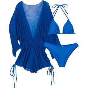 SHENHE Women's 3 Piece Bikini Swimsuit Set Halter Drawstring Bathing Suit with Beach Cover Up