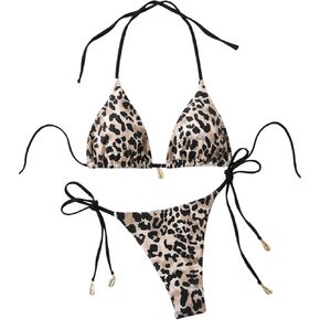 Women's 2 Piece Leopard Bikini Set Cheetah Thong Bikini Sexy String High Cut Bathing Suit Cheeky Triangle Swimsuit