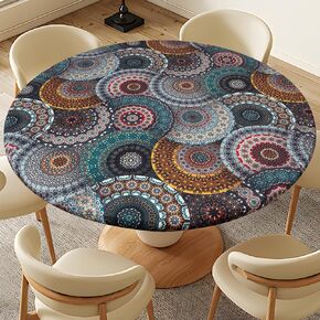 Boho Datura Circular Pattern Tablecloth Fitted Elastic Watercolor Whimsical Patio Table Covers Wrinkle Resistant Round Tablecloths for Picnic Camping Indoor and Outdoor 45" - 56"