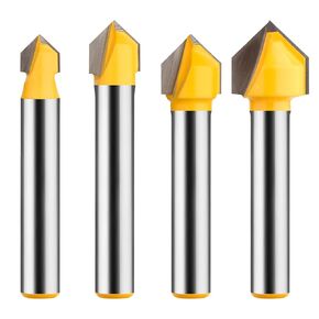 90 Degree V Groove Router Bit Set 1/4 Inch Shank, CNC Engraving V Grooving Bit Cutter for Woodworking Carving, Cutting Diameter: 1/4", 5/16", 3/8", 1/2"