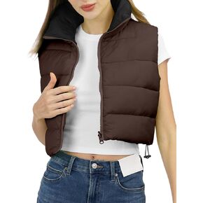 WUEAOA Women's Cropped Puffer Vest Winter Sleeveless Warm Outerwear Vests Lightweight Corduroy Coat with Invisible Pockets