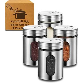 4-Piece Premium Stainless Steel Salt and Pepper Shakers Set – Adjustable Pour Holes Spice Dispenser for Salt, Sugar, Cinnamon, and Pepper – Stylish Kitchen Seasoning and Spice Shaker Set