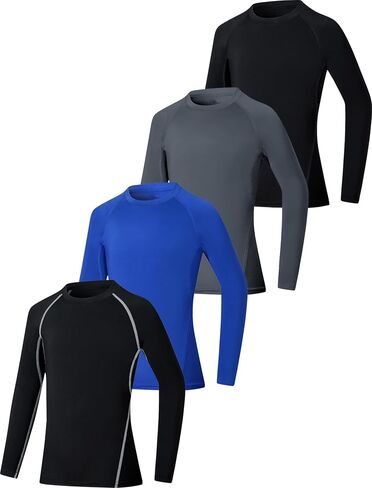 EXARUS 4 Pack Boys Compression Shirts Youth Long Sleeve Sports Base Layer Moisture Wicking Undershirts for Football 6-12Y in Kuwait