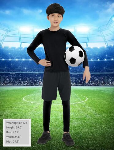 EXARUS 4 Pack Boys Compression Shirts Youth Long Sleeve Sports Base Layer Moisture Wicking Undershirts for Football 6-12Y in Kuwait