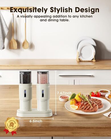Upgraded Larger Capacity Electric Salt and Pepper Grinder Set, Rechargeable Salt and Pepper Grinder Set with Charge Base, Adjustable Coarseness, Efficient Kitchen Gadgets, Beige in Saudi Arabia