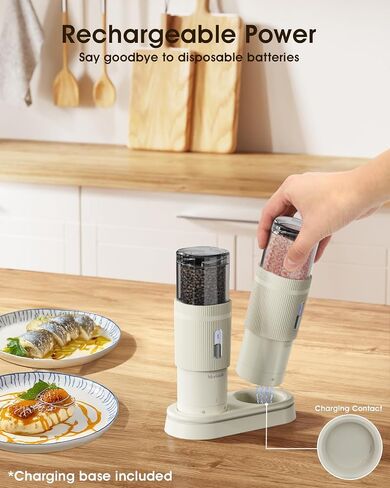 Upgraded Larger Capacity Electric Salt and Pepper Grinder Set, Rechargeable Salt and Pepper Grinder Set with Charge Base, Adjustable Coarseness, Efficient Kitchen Gadgets, Beige in Saudi Arabia