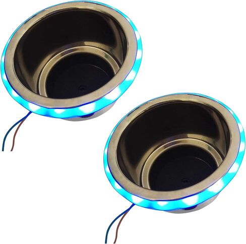 MARINE CITY Stainless Steel Marine Grade Blue LED Ring Light Cup Holder with Drain for Marines – Yachts – Ships – Kayaks (Pack of 2) in Saudi Arabia