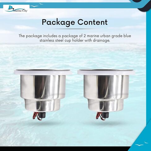 MARINE CITY Stainless Steel Marine Grade Blue LED Ring Light Cup Holder with Drain for Marines – Yachts – Ships – Kayaks (Pack of 2) in Saudi Arabia