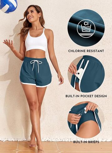 Aleumdr Womens Swim Shorts Color Block Side Split High Waisted Quick Dry Athletic Swim Board Shorts with Pockets in Saudi Arabia