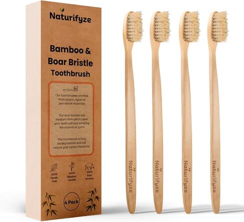Boar Bristle & Bamboo-frushrush- فرشاة أسنان صديقة للبيئة مع شعيرات خنازير طبيعية 100 ٪- قابلة للتحلل ، آمنة اللثة ، شركة متوسطة ، خيزران وفرشاة أسنان الخنازير in Kuwait