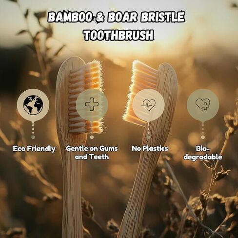Boar Bristle & Bamboo-frushrush- فرشاة أسنان صديقة للبيئة مع شعيرات خنازير طبيعية 100 ٪- قابلة للتحلل ، آمنة اللثة ، شركة متوسطة ، خيزران وفرشاة أسنان الخنازير in Kuwait