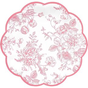 Pink Floral Party Plates Vintage Floral Leaf Disposable Paper Plates Wildflower Pink Toile 7" Scalloped Rim Dessert Plates for Valentines Birthday Bridal Tea Party Supplies (24, Pink Floral)