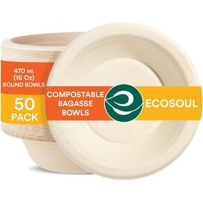 ECO SOUL 100% Compostable 16 Oz Soup Bowls [50-Pack] Disposable dessert bowls I Heavy duty paper bowl I Eco-friendly salad bowl I Biodegradable large Bowls