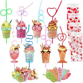 Valentines Day Cards with Straws, Set of 32 Crazy Straw Valentines for Kids with Heart Bag, Valentine Exchange Card for Girls Boys Toddlers School Classroom Party