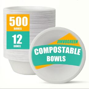 500 Count 12 oz Paper Bowls, Disposable Compostable Bowls Bulk, Heavy Duty Biodegradable Bagasse Bowl for Snacks, Soup, and Salads, White