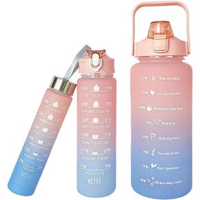 Water Bottles 3 Pcs Set - Bottle with Time Marker, Wide Mouth Leakproof | Sports Fitness Gym Camping | SpillProof | for School, Fitness Enthusiasts & Indoor | BPA FREE | Pink an Light Blue