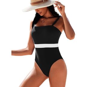 AI'MAGE Women's One Piece Swimsuit Color Block Bathing Suit Tummy Control Square Neck Vintage Retro Swimwear S-2XL