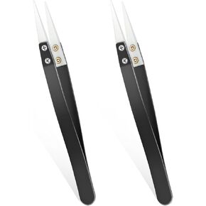 2pcs Ceramic Tweezers Stainless Steel Ceramic Precision Tweezers for Electronics, Non-Conductive Anti Static High Temperature Resistant Fine Point Tweezers for Precision Electrical Operation Black