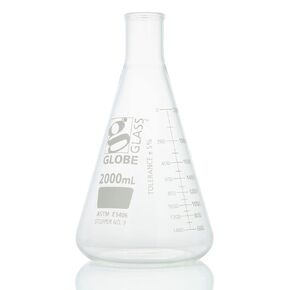 Globe Glass, Erlenmeyer Flask, 2000mL, Heavy Duty, Narrow Mouth, Dual Graduations, ASTM E1406, 1/Box