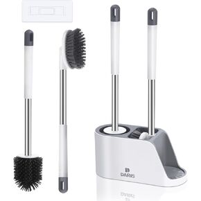 Toilet Bowl Brush Holder Set Bathroom Deep Cleaning Toilet Cleaner with Ventilated Holder Silicone and Bristle Brushes for Toilet Cleaning Aluminum and No-Slip Long Handle Brush White & Grey