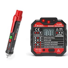 Taiss Non-Contact Voltage Tester Pen with LED Flashlight and GFCI Outlet Tester with Voltage Display 48-250V Automatic Electric Circuit Polarity Voltage Detector Wall Plug Breaker Finder