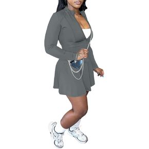acelyn 2 Piece Tennis Skirt Sets for Women Athletic Golf Workout Outfits Casual Long Sleeve Zipper Crop Top Pleated Mini Dress Sports Yoga Activewear
