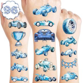 105 PCS Blue Race Car Temporary Tattoos Birthday Party Decorations Favors Supplies Watercolor Racing Car Themed Blue Checkered Flags Wheel Stickers Gifts For Girls Boys Classroom School Prizes Reward