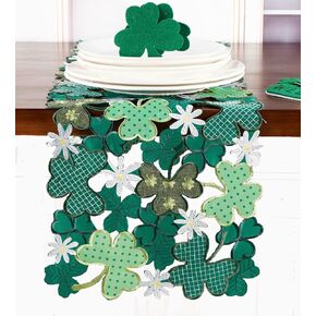 GRANDDECO St. Patrick's Day Table Runner 13"×34",Applique Embroidered Cutwork Clover Dresser Scarf for Home Kitchen Dining Spring Irish Festival Tabletop Decoration (Clover, Runner 13"×34")