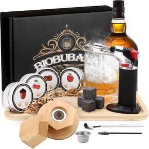 Whiskey Smoker Kit with Torch, Cocktail Drink Smoker Kit with 4 Flavors Wood Chips & Whiskey Stones Tools, Old Fashioned Bourbon Smoker Kit for Men Dad Bourbon Whiskey (No Butane) A