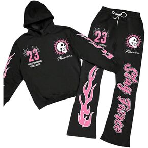 Men's 2 Piece Sweat Suits Long Sleeve Y2K Graphic Hoodies and Flared Sweatpants Set