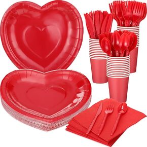 216 PCS Valentines Day Heart Paper Plates Fackins مجموعة لوازم أدوات المائدة المتاحة ، 36 لوحات ورقية 36 أكوابًا ورقية 36 مناديل 108 سكاكين بلاستيكية وشوكات وملاعق (حمراء) in Kuwait