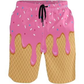 Men's Swim Trunk,Pink Ice Cream Beach Shorts Quick Dry Casual Polyester Swim Shorts with Pockets Large