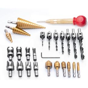 26 Pieces/Set Drilling Tools, Including 6 Countersink Drill Bits, 7 Three Pointed Drill Bit,1 L-Wrench, 8 Wood Plug Cutter, 4 Step Drill Bit Set (26 Pieces/Set, Gold and Silver)