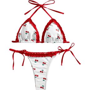 MakeMeChic Women's 2 Piece Bikini Set Cherry Halter Backless Ruffle String Cute Bathing Suit