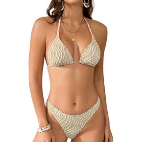 seamoly Women's Bikini Set Halter Two Piece Swimsuit Striped Tie Back High Cut Sexy Thong Bathing Suit