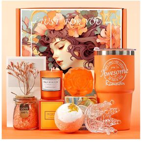 Gifts for Women Unique Spa Gifts Basket Set Birthday, Mothers Day, Valentines Day Christmas Gifts for Mom, Sister, Her, Girlfriend, Wife Bright Orange Gift Box…